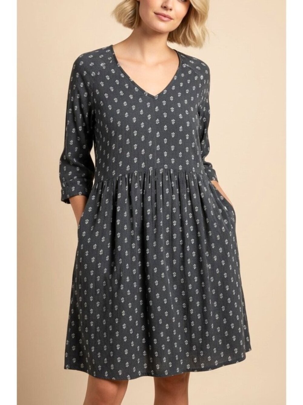 Garnet Hill Gray Ditsy Print V-Neck Pocket Dress 3/4 Sleeve Size 8